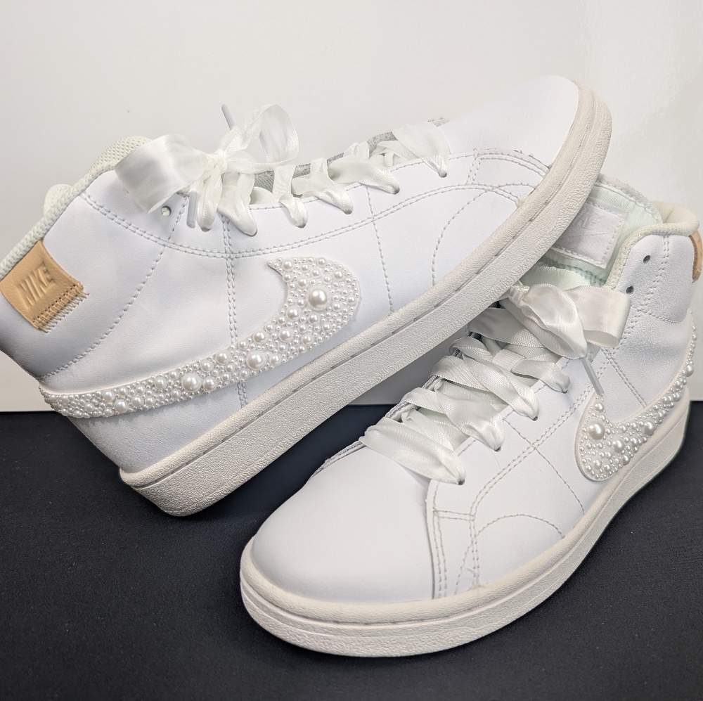 Handmade Pearl Nike Court Royal 2 Mid Sneakers - Custom Artisan Shoes - Picture 3 of 11